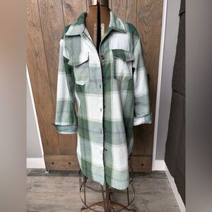 Green and White Plaid Long Shirt Jacket
